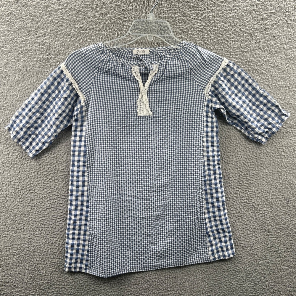 Womens Peasant Blouse L Gingham Cottage Prairie Lace Trim Romantic Boho Feminine